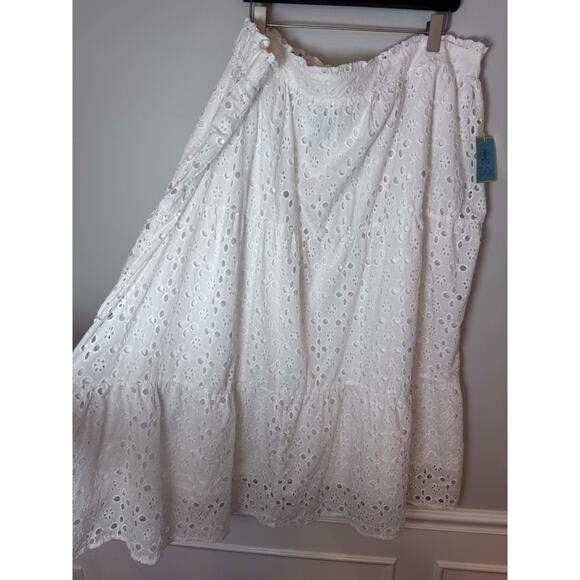 Cece Eyelet Midi A-Line Skirt Elastic Waist Lined Ivory White Women’s Plus 22W - Picture 9 of 15